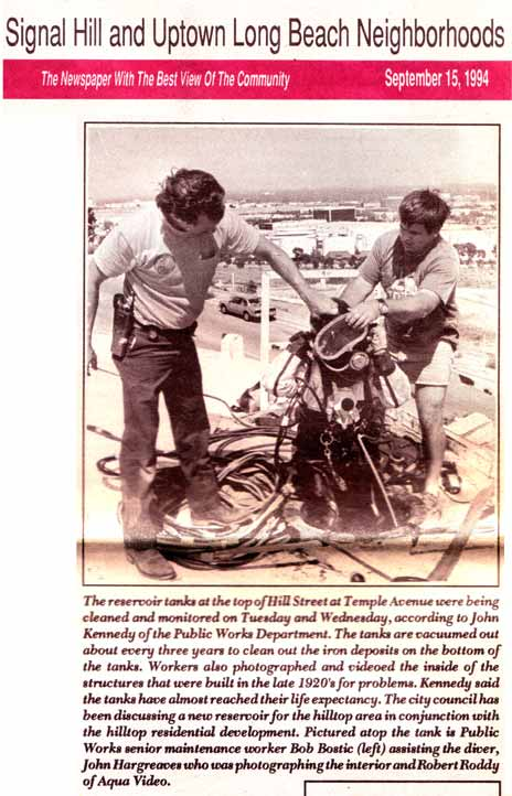 1994 Signal Hill and Uptown Long Beach newspaper clipping showing a commercial diver at a reservoir — click to watch the inland commercial diving video on YouTube
